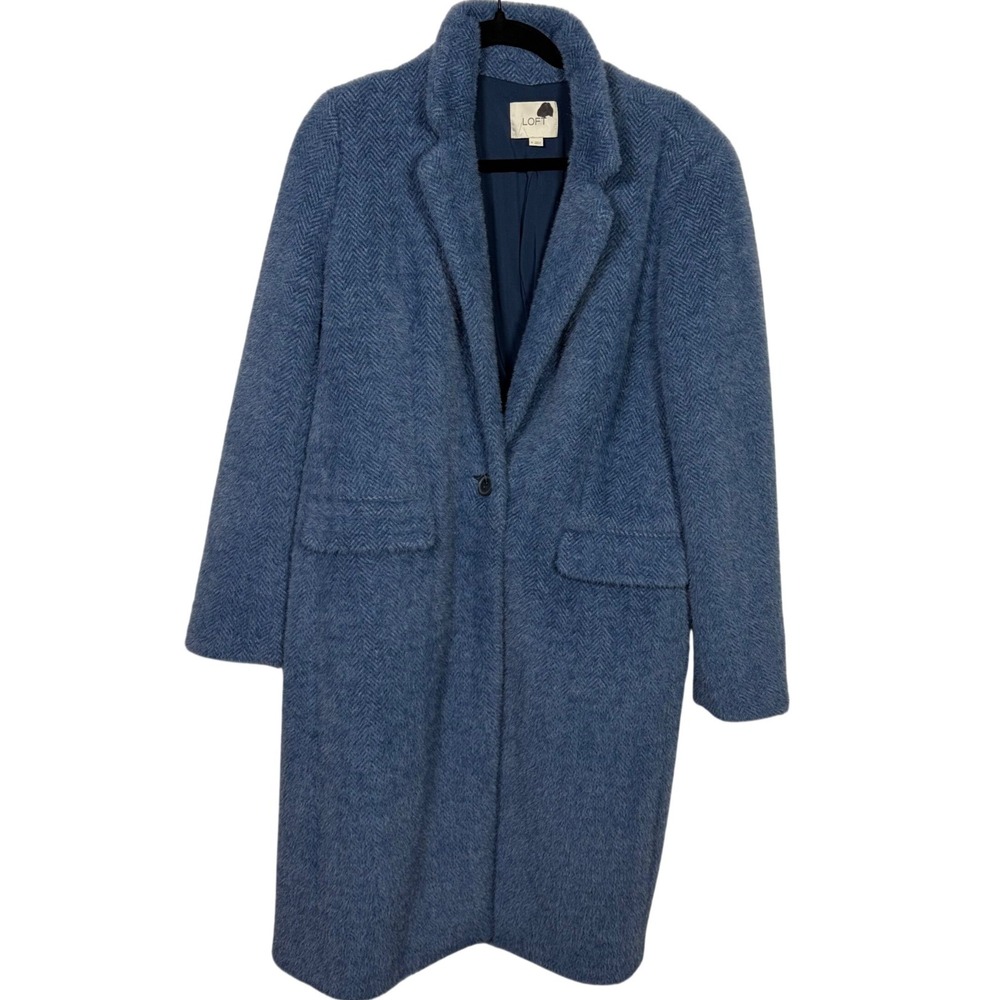 Loft Longline Herringbone Coat Fuzzy Textured Blue Academia Minimalist Women M